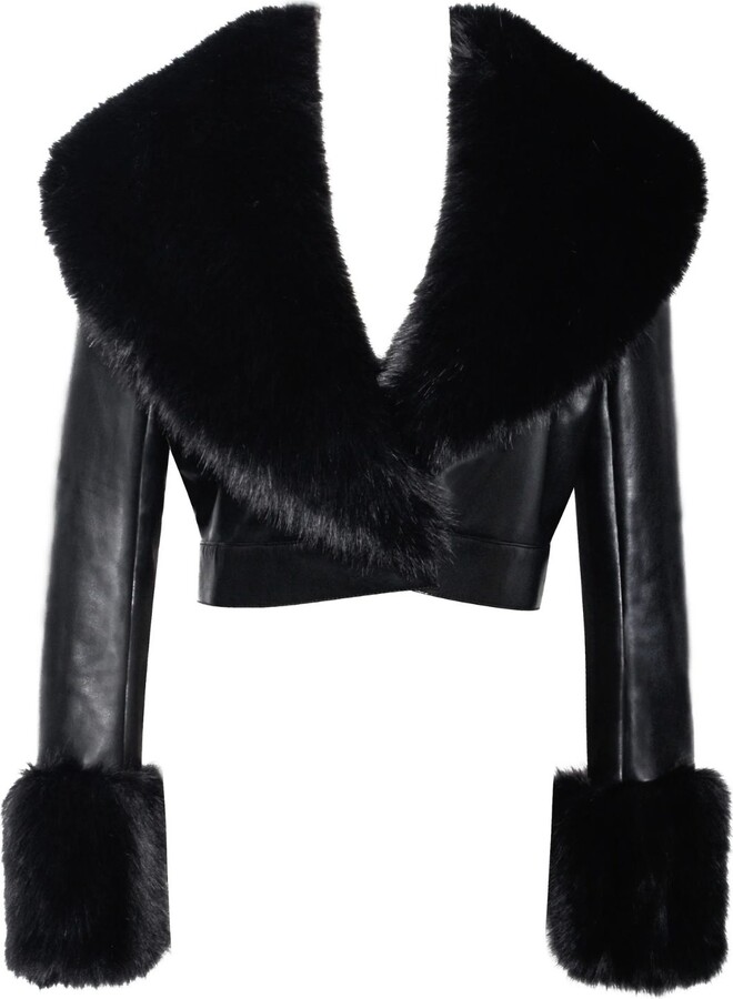 Miss Circle New York Black Ziah Cropped Leather Jacket With Fur Collar