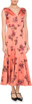 Erdem Honora V-Neck Sleeveless Pine Floral-Embroidered A-Line Ankle Dress