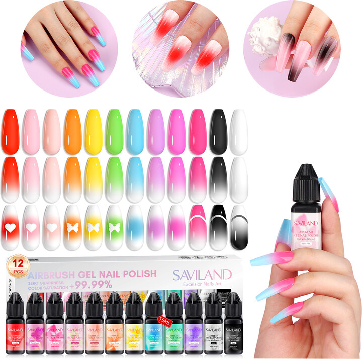 SAVILAND Dilution Free Airbrush Gel Nail Polish Set 12 Colors Fine Mist Spray for French Ombre Nail Art Design Salon Use