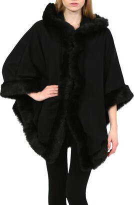 WOMENS CAPE CELEBRITY QUALITY FUR TRIM HOODED HEAVY CAPE SIZE 8-20 ONE SIZE FITS 8-20, BLACK