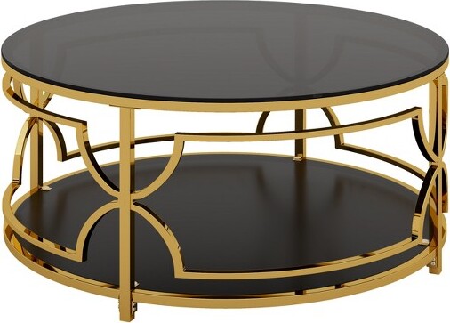 GulchesRoundTemperedGlassCoffeeTableLuxuriousGeometricMetalFrameGoldFinishLowerShelfBlackforLivingRoom