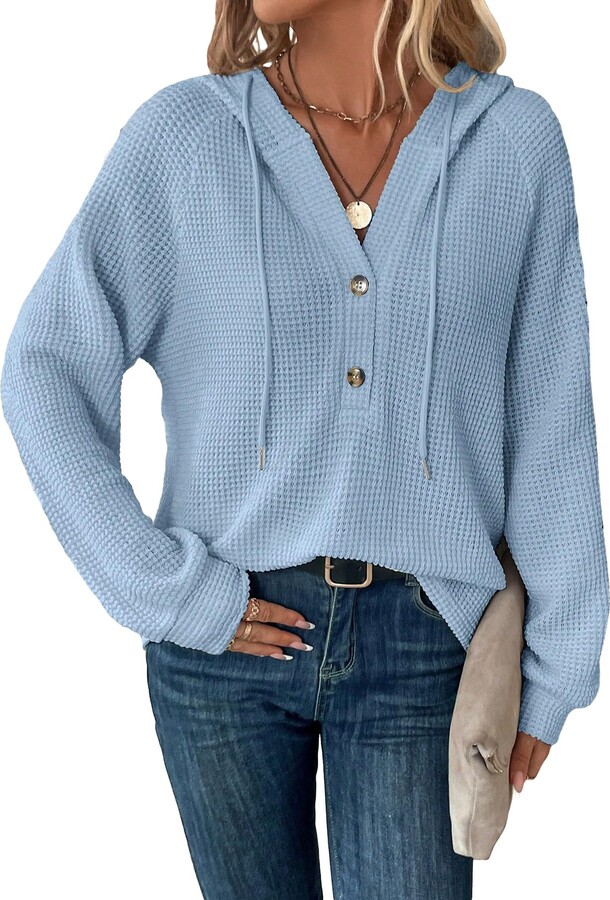 WDIRARA Women's Oversized Hoodies Waffle Knit Sweatshirt V Neck Button Up Hoodie  Pullover Dusty Blue XL - ShopStyle