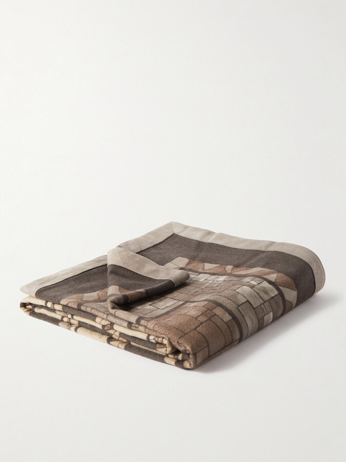 Suede-Trimmed Printed Cashmere Blanket