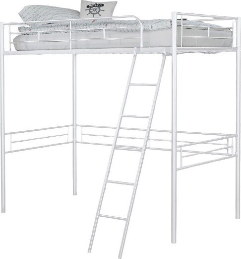 SapphtopazTwinSizeLoftBedwithHighUnderBedSpaceMetalBedFramewithLadder&SafetyGuardrailSpace-SavingBunkBedforAdults&TeenWhite