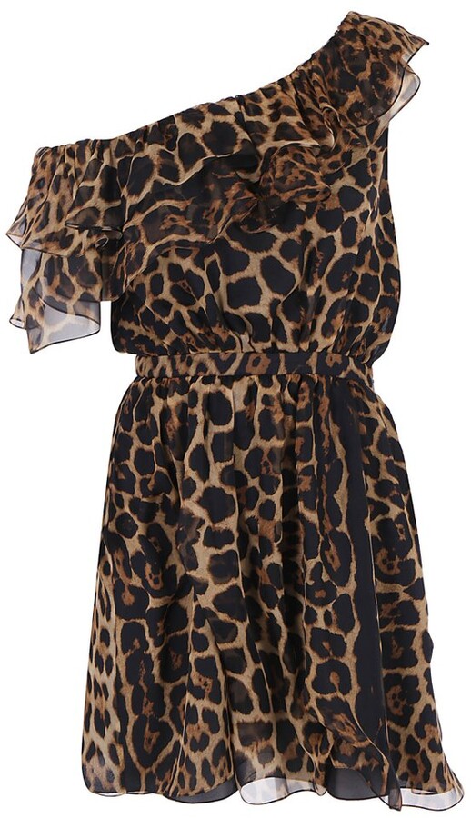 Saint Laurent One-Shoulder Ruffled Leopard Print Dress - ShopStyle