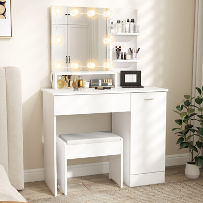 Makeup Vanity Mirror with Lights Desk: 35" Vanity Desk with Drawers and Cabinet, Dresser with Chair for Bedroom, Modern Wood Dresser with Led