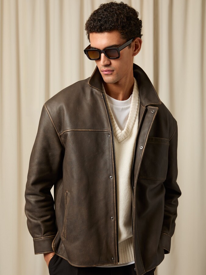 Reiss Monogram Embossed Leather Jacket Relaxed-fit