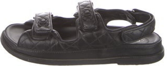 Chanel Lambskin Slingback Sandals Black Interlocking CC Logo, Quilted Pattern & Chain-Link Accent Velcro Closure at Uppers Includes Dust Bag Designer
