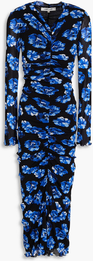 Diane von Furstenberg Alabama ruched floral-print stretch-mesh midi dress
