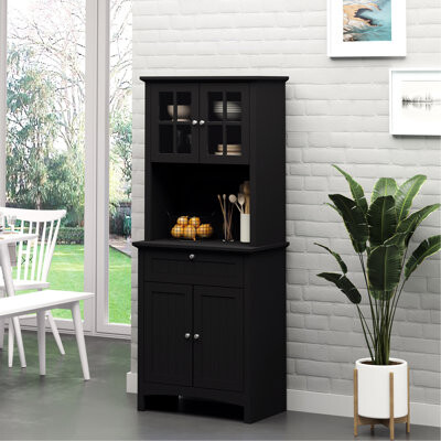 Elegant Kitchen , Black Pantry Cabinet With Drawer, Microwave Space And Adjustable Shelves For Storage Optimization Black, & Pan Appliance