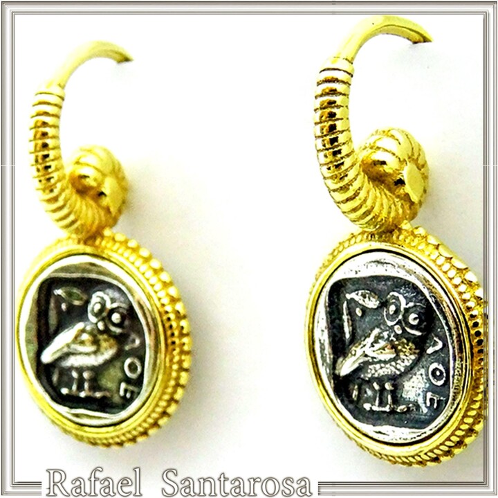 Athena Owl Coin Earrings Sterling Silver, 18K Gold-Filled Filigree