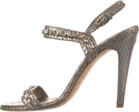 Chanel Python Slingback Sandals By Karl Lagerfeld Gold & Silver Interlocking CC Logo Chain-Link Accents & Leather Trim Peg-In-Hole Closure at Sides Designer