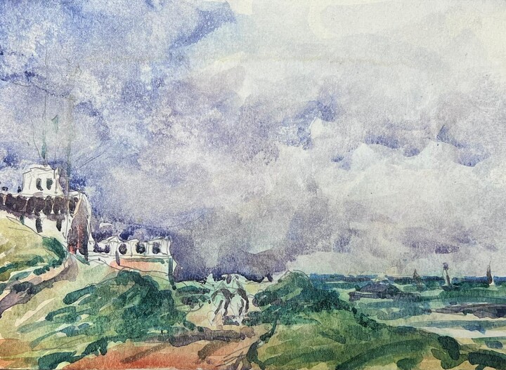 Maurice Mazeilie, French Impressionist Watercolour Landscape Green Crashing Waves