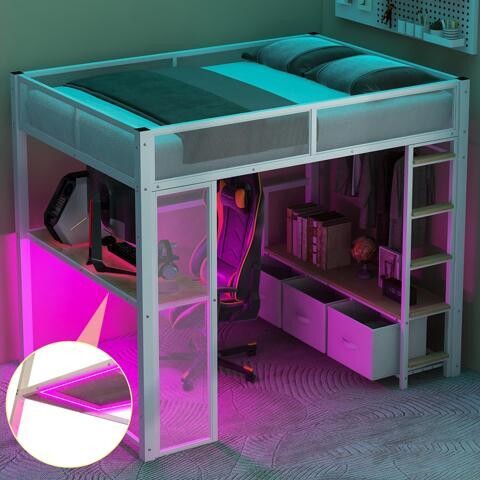 tuphen Full Size Metal Gaming Loft Bed with LED, Desk, Open Wardrobe and 3 Linen Storage Drawers, White
