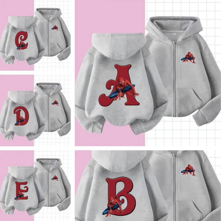 Spiderman Letter A-Z Girl Boy zipper hoodie Marvels Children Pullover Kawaii Cartoons sweater Kid Little Baby Casual Clothes Top