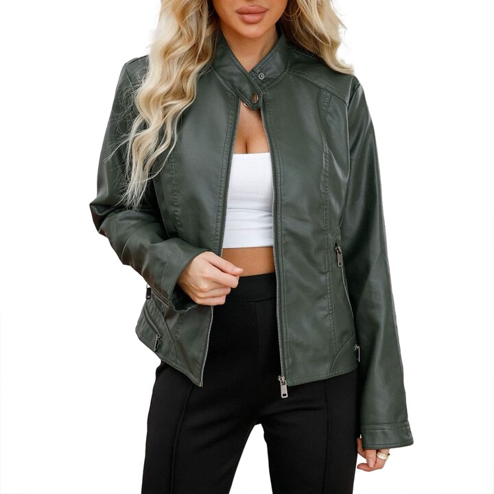 MODFUL Women Faux Leather Jacket PU Biker Casual Cropped Soft Slim Fit  Short Zipper Vintage Collared Outerwear(Green - ShopStyle