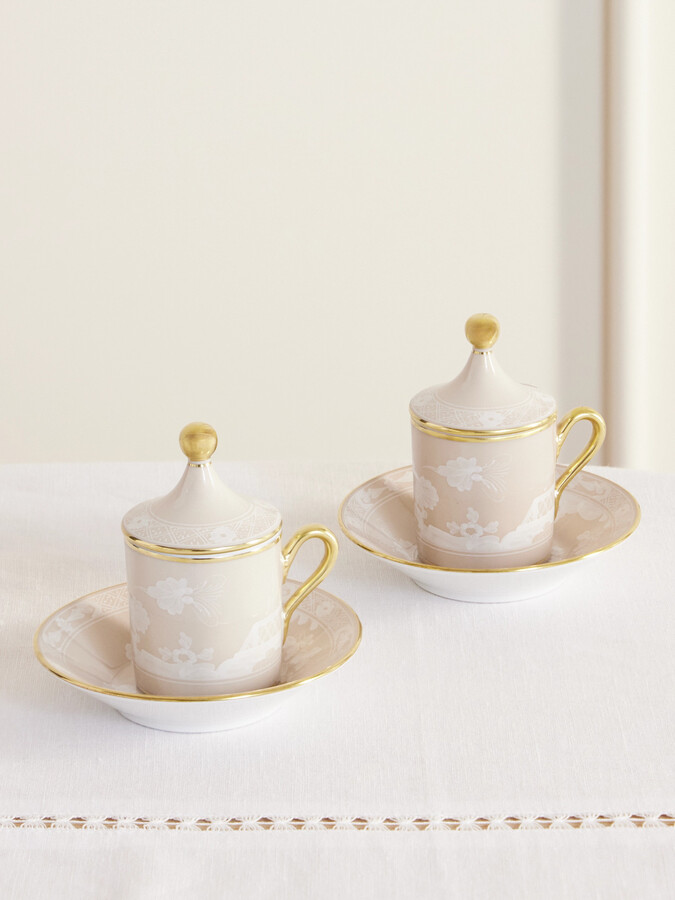 GINORI 1735 - Oriente Italiano Set Of Two Gold-plated Porcelain Coffee Cups, Covers And Saucers - Pink