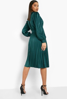 boohoo Satin Button Through Pleated Skirt Midi Dress