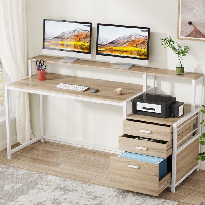 Tribesigns 63 Inch Computer Desk with File Drawer Cabinet Ergonomic Office Desk with Monitor Stand Computer Table with Printer Space Wood Pc Table