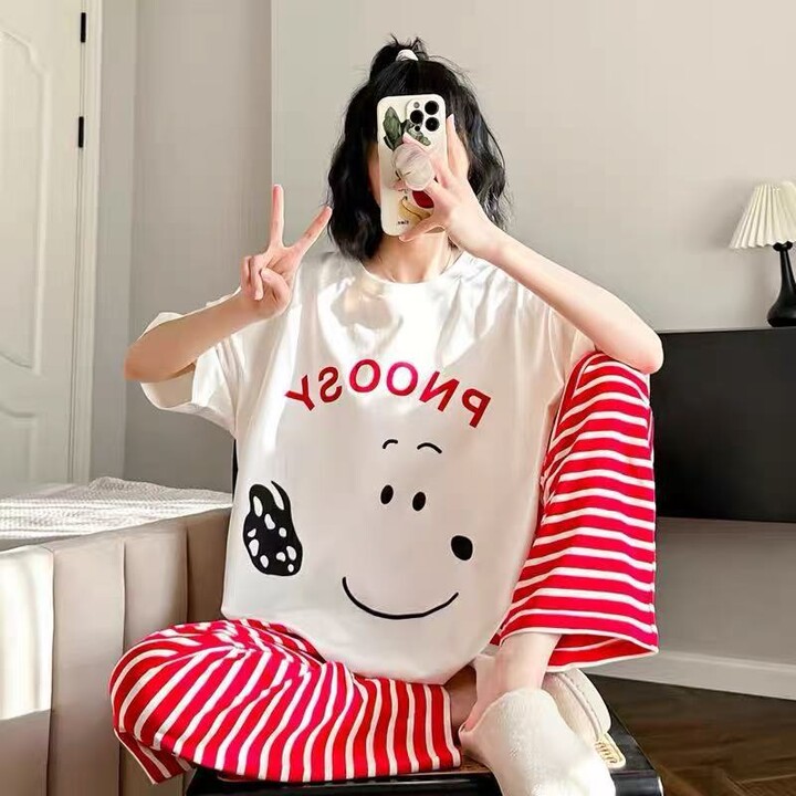 Miniso/Name Excellence Superior Products Summer Cartoon Cute Snoopy Girl Sleepwear Home Clothes Pajamas Set Women & apos;s Short Sleeve Tops Pants Set Doraemon Nightgown
