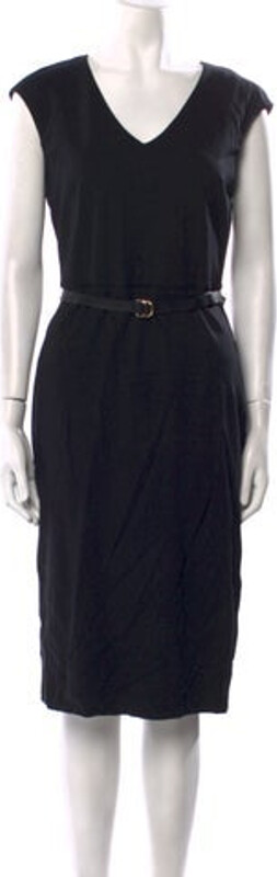 Studio Max Mara Virgin Wool Sheath Dress Black Leather Trim Embellishment Sleeveless with V-Neck Concealed Zip Closure at Back Size not listed, estimated from measurements.