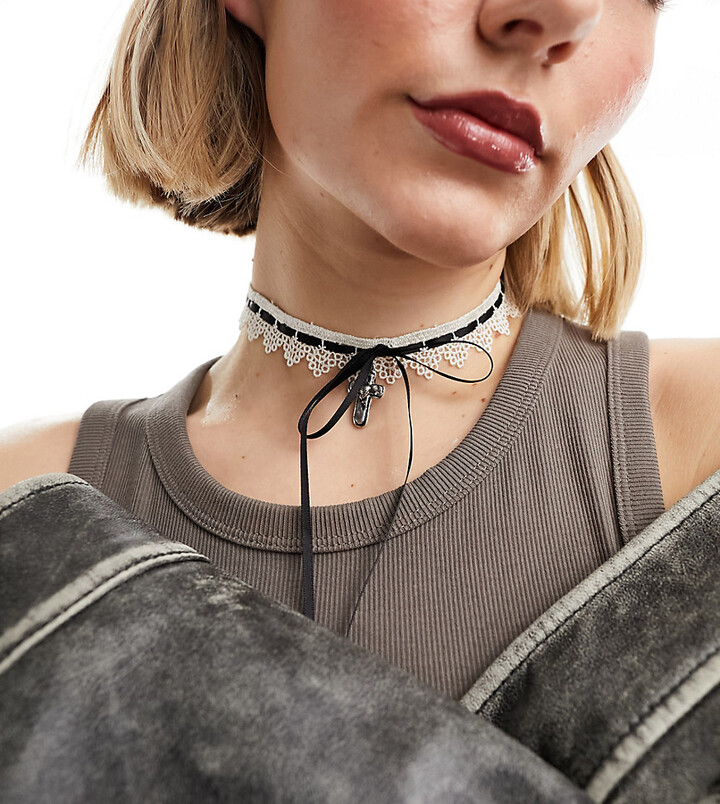 ASOS DESIGN choker necklace with lace and ribbon design in black