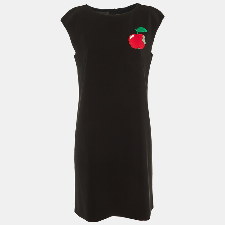 Boutique Moschino Black Crepe Apple Embroidered Shift Dress M