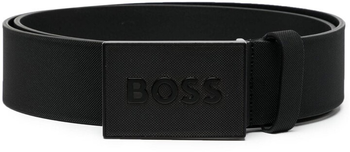 BOSS - Italian-leather belt with monogram plaque buckle