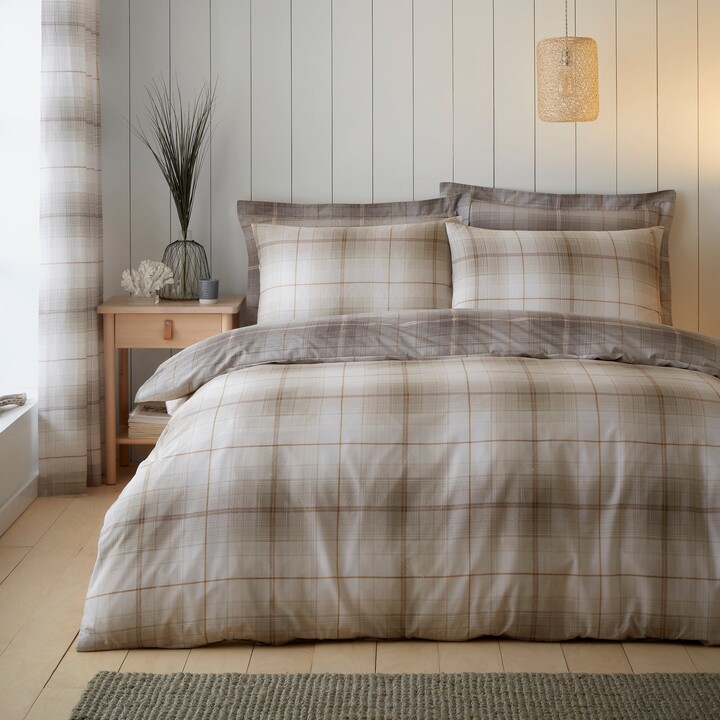 Dunelm Albie Natural Reversible Check Duvet Cover and Pillowcase Set