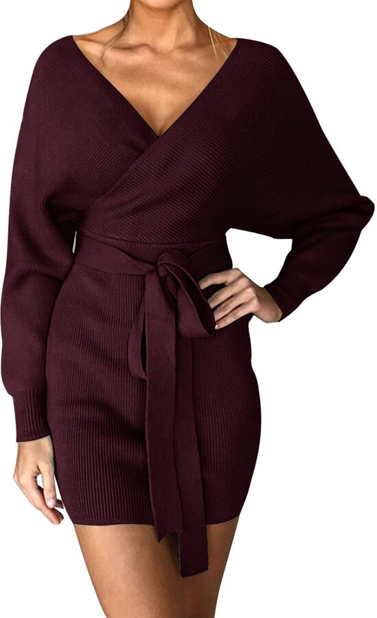 oytto Women's Knitted Dress Jumper Dress Long Sleeve Backless V