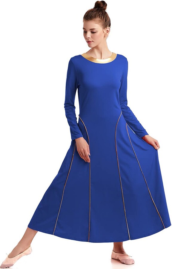 MYRISAM Adults Women Praise Seamed Dance Robe Worship Dress Long Sleeve Gold Metallic Liturgical