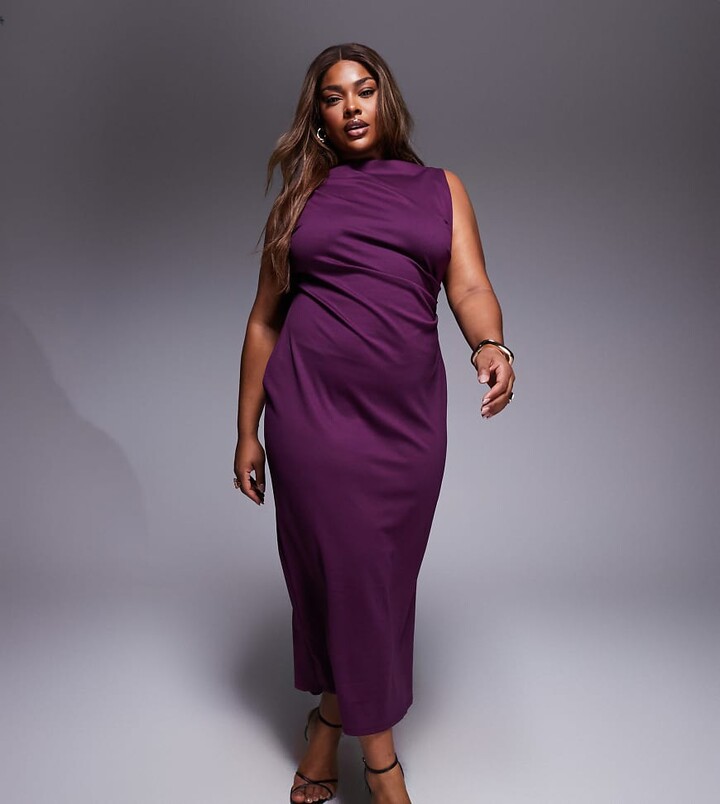 ASOS Curve ASOS DESIGN Curve high slash neck pleated midaxi dress in plum