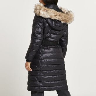 River Island Womens Petite Black belted longline puffer coat