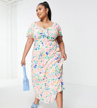 ASOS Curve ASOS DESIGN Curve halter detail puff sleeve maxi dress in bright  floral print - ShopStyle
