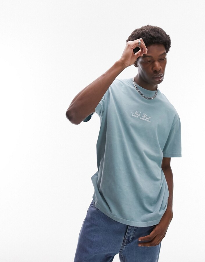 Topman oversized fit t-shirt with New York script embroidery in washed blue  - ShopStyle