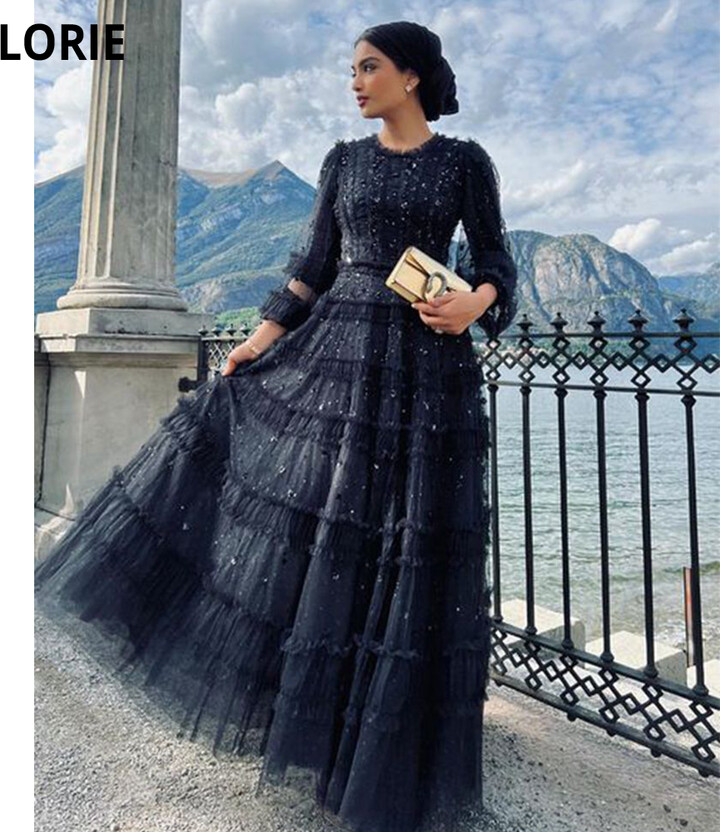LORIE Elegant Black Cap Sleeves Prom Dresses Tulle Beaded 3/4 Sleeves Formal Evening Gown Party Dress Robes De Soirée Customized