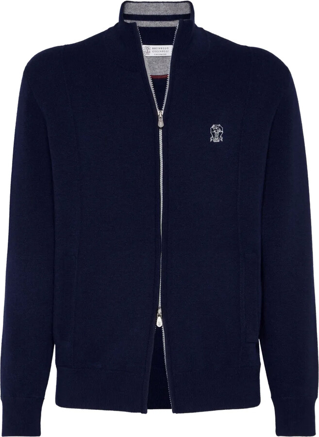 Brunello Cucinelli Zip-Front Embroidered-Logo Cardigan