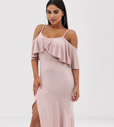 Thumbnail for your product : Flounce London Petite satin stretch midi dress with cold shoulder with frill detail in mauve