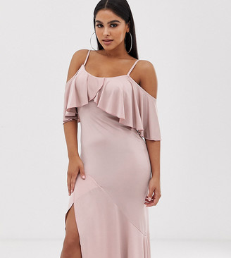 Flounce London Petite satin stretch midi dress with cold shoulder with frill detail in mauve