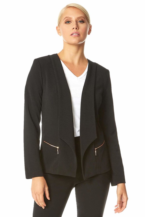 Roman Originals Womens Textured Blazer Jacket Size 12 Ladies Zip Detail Edge to Edge Smart Casual Work Office Interview Formal Evening Style Lightweight Oversized Tailored Black