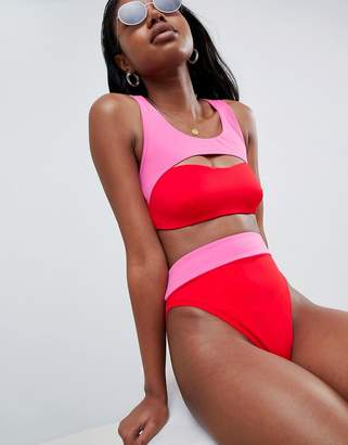 ASOS Design Colour Block High Leg High Waist Bikini Bottom In Red/Pink