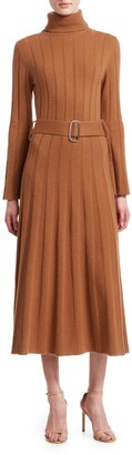 Each X Other Rib-Knit Cashmere & Merino Wool Turtleneck Belted A-Line Midi Dress