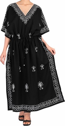 LA LEELA Women's Empire Kaftan Bathing Suit Cover Up Solid Embroidered Caftan Gown Vacation Long Beach Dresses Black_T815 XL-XXL