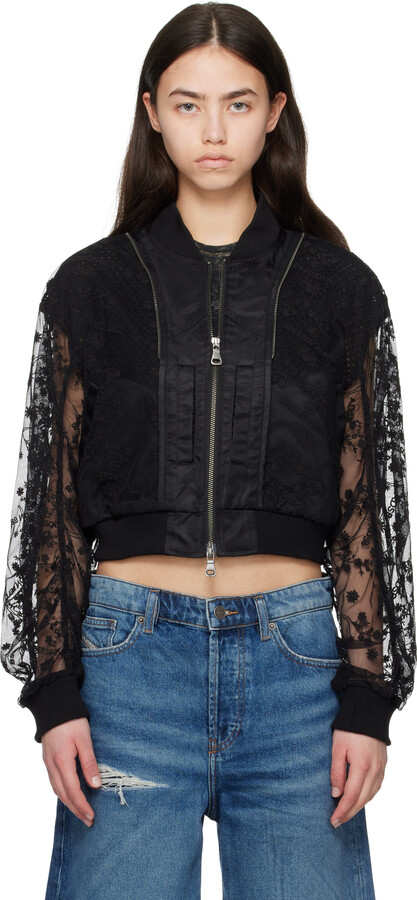 ANDERSSON BELL Black Layered Logo Lace Short Bomber Jacket