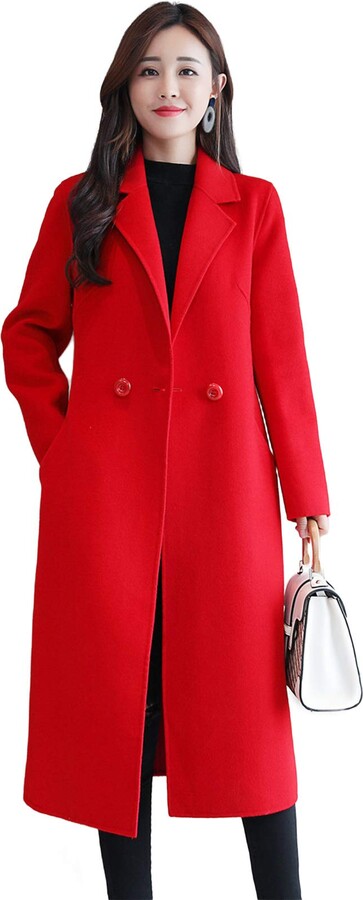 HANMAX Women Wool Coats Winter Lapel Slim Long Coat Jacket Parka Outwear  Wool Overcoat Red - ShopStyle