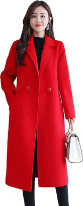 HANMAX Women Wool Coats Winter Lapel Slim Long Coat Jacket Parka Outwear Wool Overcoat Red