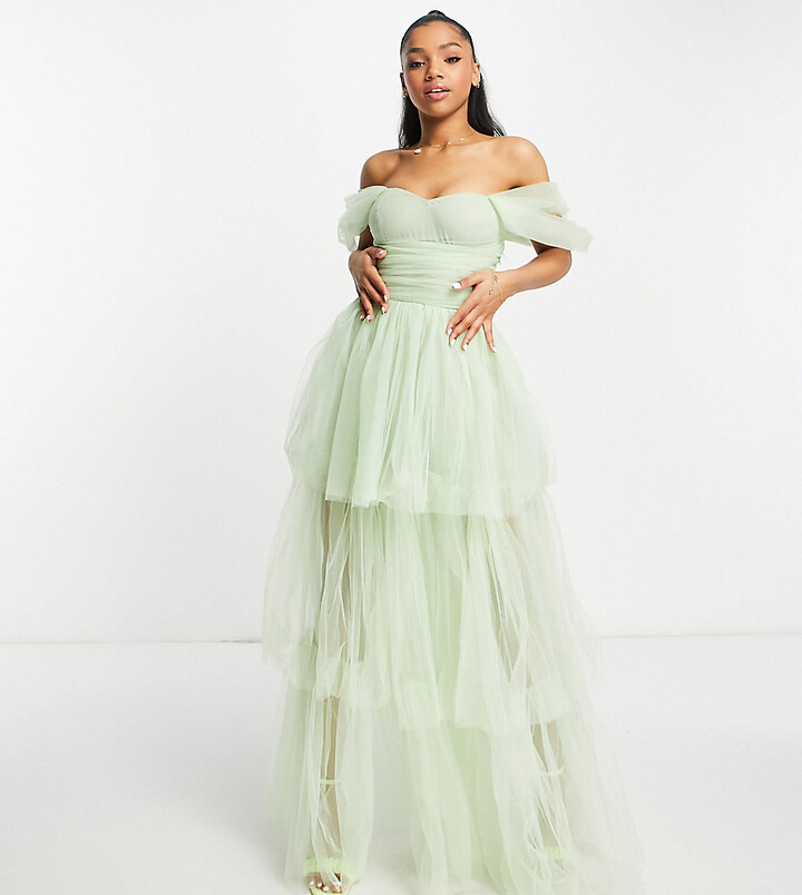 Lace & Beads exclusive off-the-shoulder tulle tiered maxi dress in sage  green - ShopStyle
