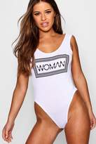 Thumbnail for your product : boohoo Petite Woman Box Slogan Bodysuit