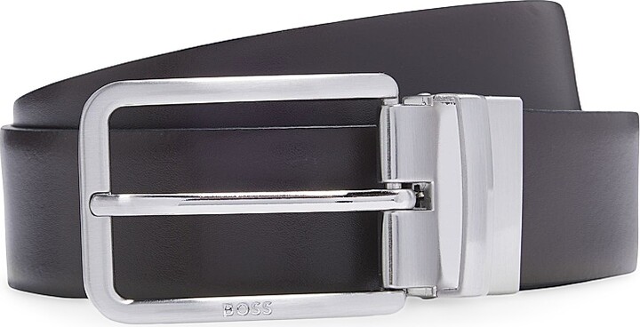 Men's Reversible Belt in Grained and Plain Leather - Black