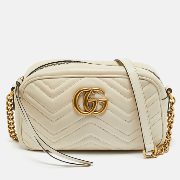 Gucci White Matelassé Chevron Leather GG Marmont Small Camera Bag